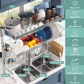 3-tier over sink dish drying rack made of 304 stainless steel, adjustable size 25.5 to 35.5 inches